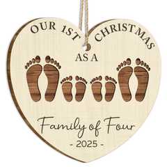 First Christmas As A Family Of Four Footprints - Personalized Custom Shaped Wooden Ornament