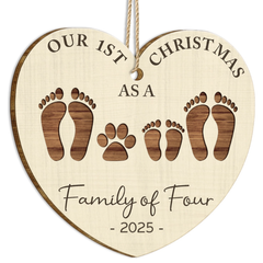 First Christmas As A Family Of Four Footprints - Personalized Custom Shaped Wooden Ornament