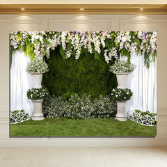 Layoris White Curtains Grass Wall Flowers Event Backdrop