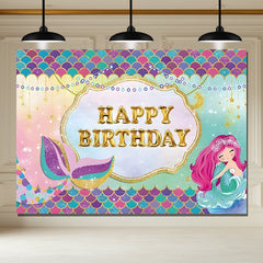 Layoris Cute Mermaid Purple Green Happy Birthday Backdrop