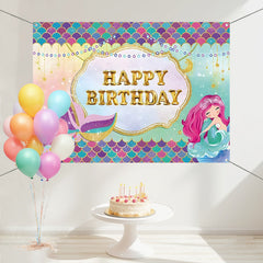 Layoris Cute Mermaid Purple Green Happy Birthday Backdrop