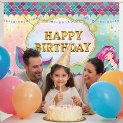Layoris Cute Mermaid Purple Green Happy Birthday Backdrop