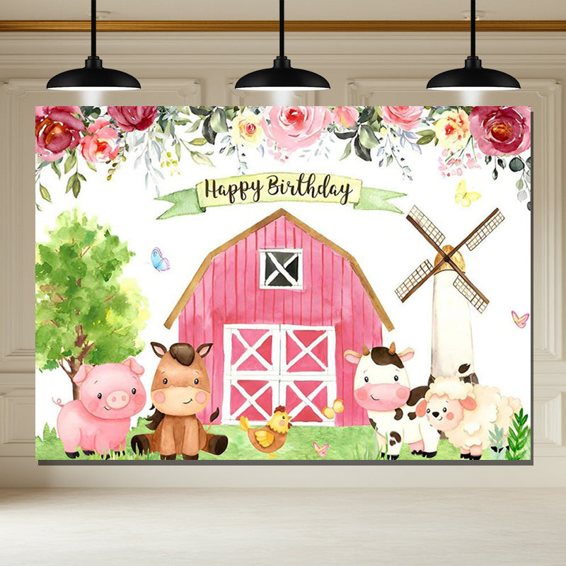 Layoris Farm Floral With Cute Animals Happy Birthday Backdrop