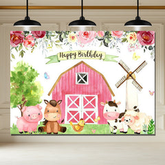 Layoris Farm Floral With Cute Animals Happy Birthday Backdrop