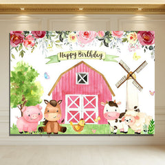 Layoris Farm Floral With Cute Animals Happy Birthday Backdrop