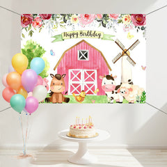 Layoris Farm Floral With Cute Animals Happy Birthday Backdrop