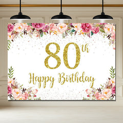Layoris Pink Floral White 80Th Happy Birthday Backdrop