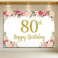 Layoris Pink Floral White 80Th Happy Birthday Backdrop
