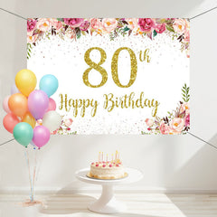 Layoris Pink Floral White 80Th Happy Birthday Backdrop