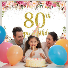 Layoris Pink Floral White 80Th Happy Birthday Backdrop