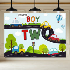 Layoris Cartoon Car In The Highway 2Nd Birthday Backdrop