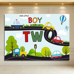 Layoris Cartoon Car In The Highway 2Nd Birthday Backdrop