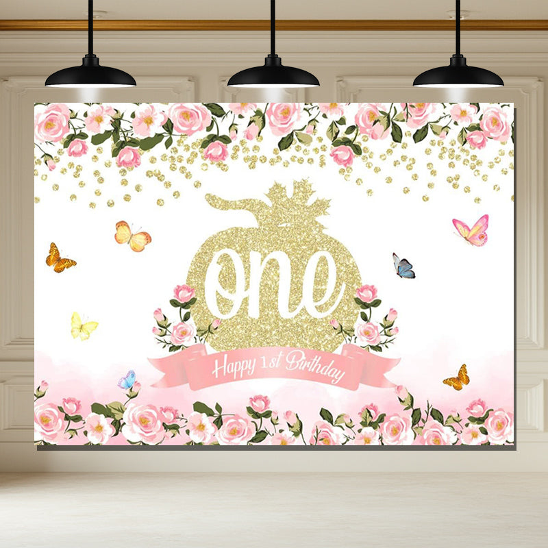 Layoris Pink Blossom Glitter Pumpkin 1St Birthday Backdrop