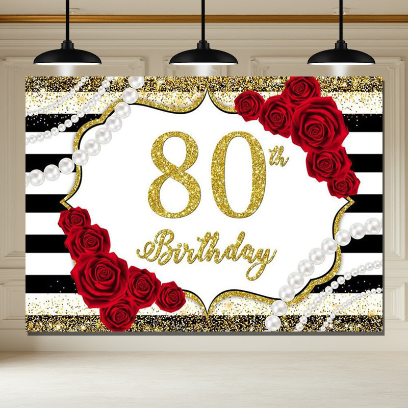 Layoris Vintage Red Rose Gold Glitter 80Th Birthday Backdrop