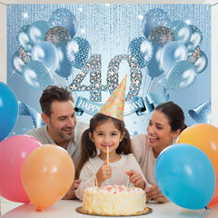 Layoris Ice Blue Ribbon Balloon Happy 40Th Birthday Backdrop