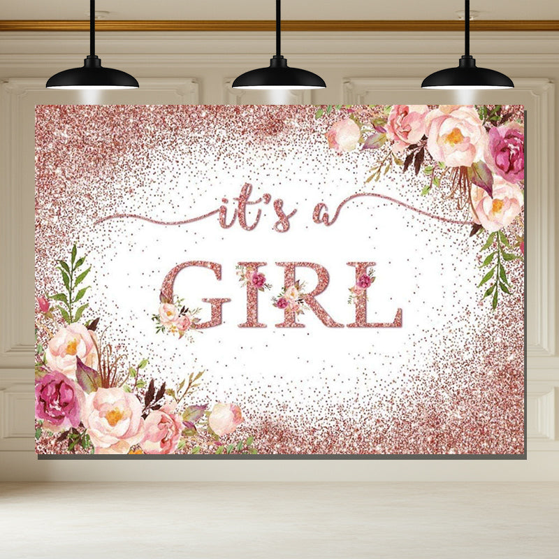 Layoris Its A Girl Pink Glitter Floral Baby Shower Backdrop
