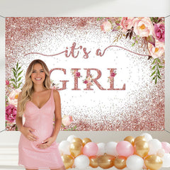 Layoris Its A Girl Pink Glitter Floral Baby Shower Backdrop