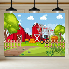 Layoris Farm Red House Cartoon Birthday Party Backdrop