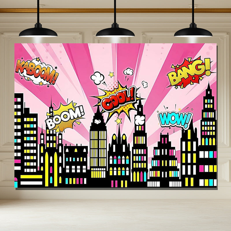 Layoris Superhero City Night Scene Cartoon Birthday Backdrop