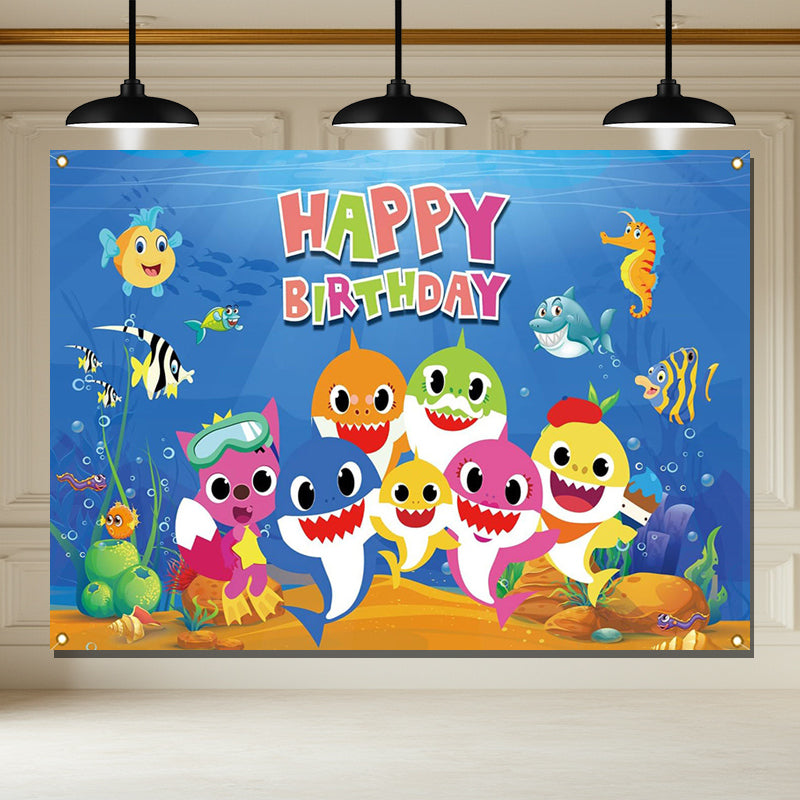Layoris Shark Seahorse Cartoon Kids Happy Birthday Backdrop
