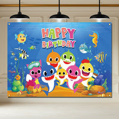 Layoris Shark Seahorse Cartoon Kids Happy Birthday Backdrop