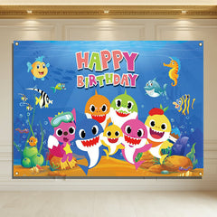 Layoris Shark Seahorse Cartoon Kids Happy Birthday Backdrop