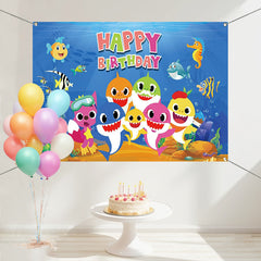 Layoris Shark Seahorse Cartoon Kids Happy Birthday Backdrop