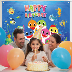 Layoris Shark Seahorse Cartoon Kids Happy Birthday Backdrop