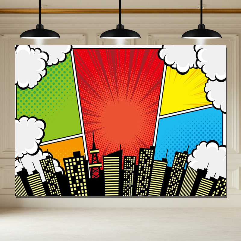 Layoris Superhero City Anime Style Kids Birthday Backdrop