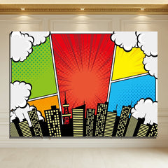 Layoris Superhero City Anime Style Kids Birthday Backdrop