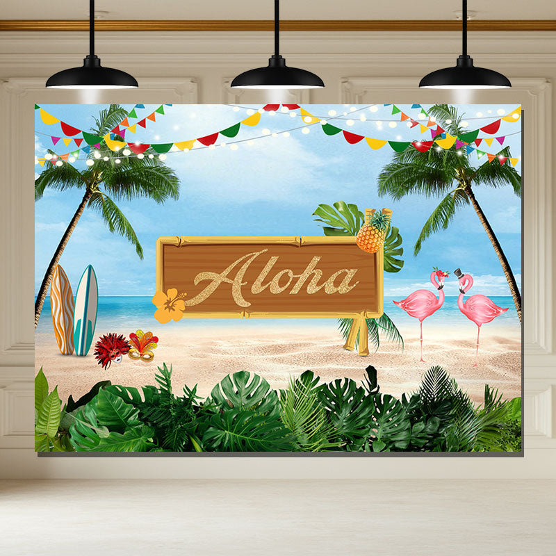 Layoris Aloha Coconut Tree Beach Flamingo Birthday Backdrop