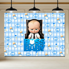 Layoris Boss Baby Blue Plaid Bottle Birthday Backdrop