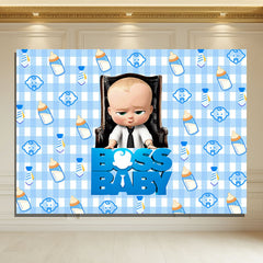 Layoris Boss Baby Blue Plaid Bottle Birthday Backdrop