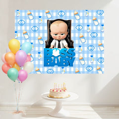 Layoris Boss Baby Blue Plaid Bottle Birthday Backdrop