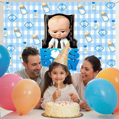 Layoris Boss Baby Blue Plaid Bottle Birthday Backdrop