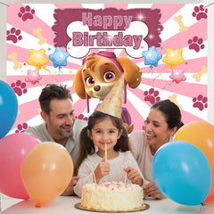 Layoris Cartoon Dog Footprints Pink Birthday Backdrop