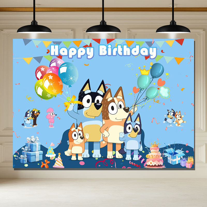 Layoris Bluey Cartoon Dog Balloons Happy Birthday Backdrop
