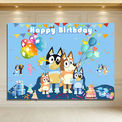Layoris Bluey Cartoon Dog Balloons Happy Birthday Backdrop