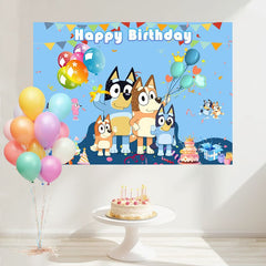 Layoris Bluey Cartoon Dog Balloons Happy Birthday Backdrop