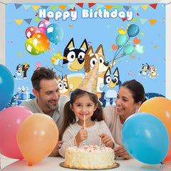 Layoris Bluey Cartoon Dog Balloons Happy Birthday Backdrop