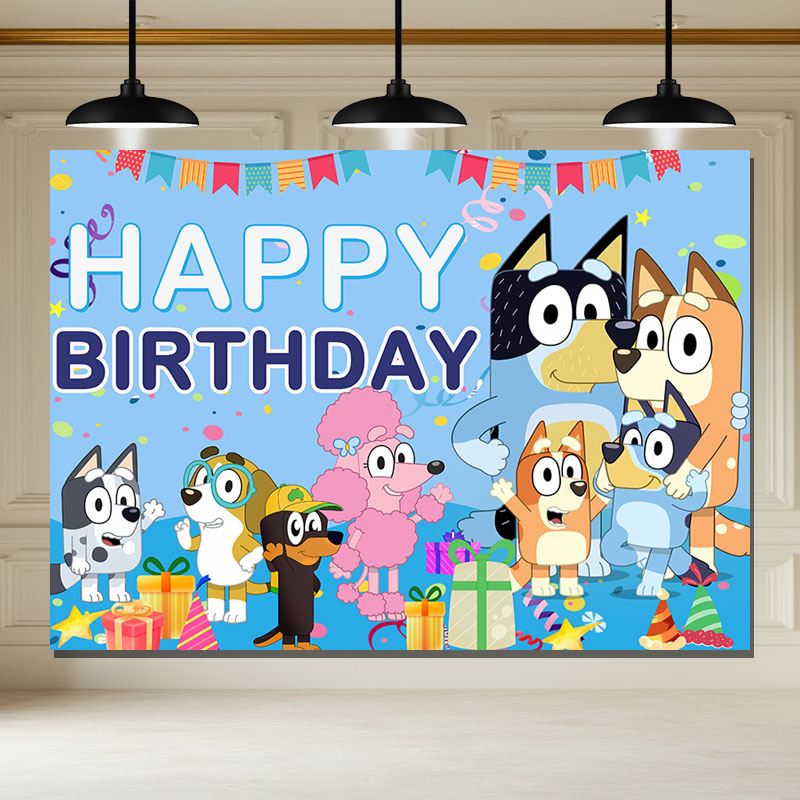 Layoris Bluey Cartoon Dog Balloons Blue Birthday Backdrop
