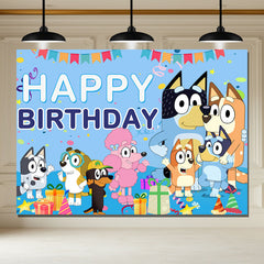 Layoris Bluey Cartoon Dog Balloons Blue Birthday Backdrop