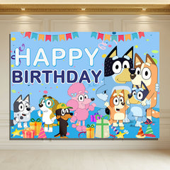Layoris Bluey Cartoon Dog Balloons Blue Birthday Backdrop