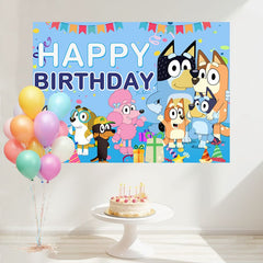 Layoris Bluey Cartoon Dog Balloons Blue Birthday Backdrop