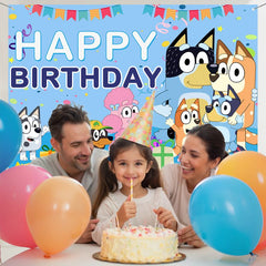 Layoris Bluey Cartoon Dog Balloons Blue Birthday Backdrop