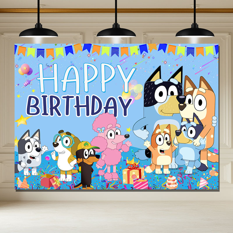 Layoris Cartoon Dog Bluey Family Happy Birthday Backdrop