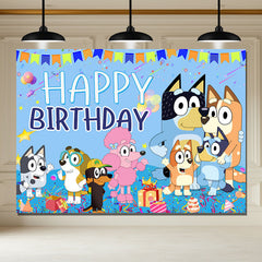Layoris Cartoon Dog Bluey Family Happy Birthday Backdrop