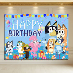 Layoris Cartoon Dog Bluey Family Happy Birthday Backdrop