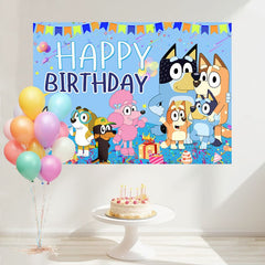 Layoris Cartoon Dog Bluey Family Happy Birthday Backdrop
