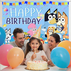 Layoris Cartoon Dog Bluey Family Happy Birthday Backdrop